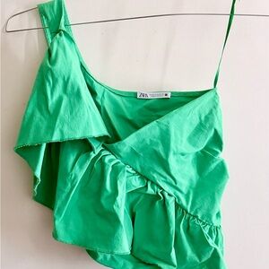 Zara Green Asymmetrical Ruffle Blouse